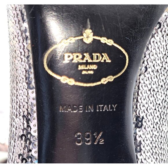 Prada Women's Silver Sequin Embellished High Heel Pumps Peep Toe Sz 9 (39.5) 374 - Picture 8 of 16